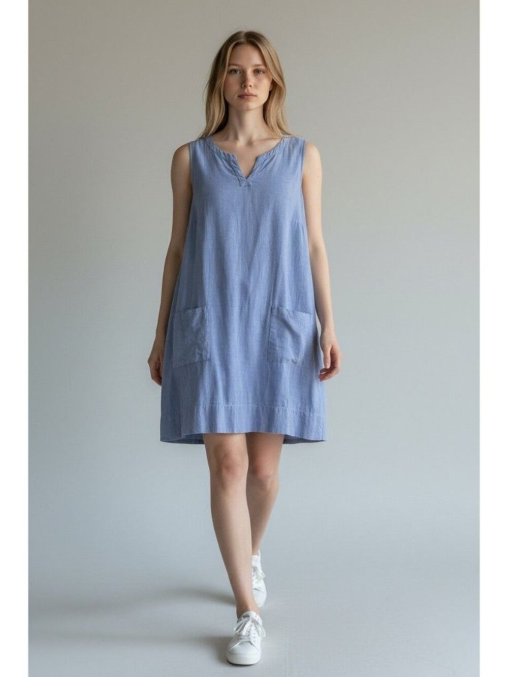 Boden Blue Cotton Sleeveless Dress, Pockets, Size 14R